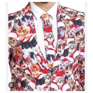 Tipsy Elves Men’s Meowy Christmas Cat Blazer With Tie ￼Size 38J Holiday Ugly